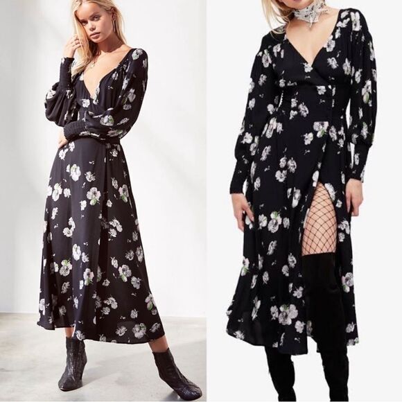 Free People So Sweet Midi Dress Size Medium Black Floral Long Sleeve - Picture 1 of 6